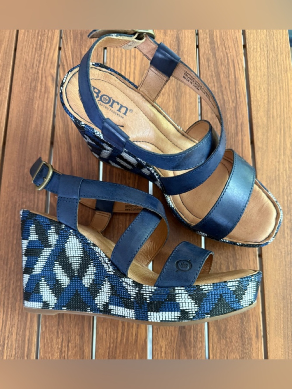 Born Navy Leather & Patterned Wedge Sandals- Size 7M